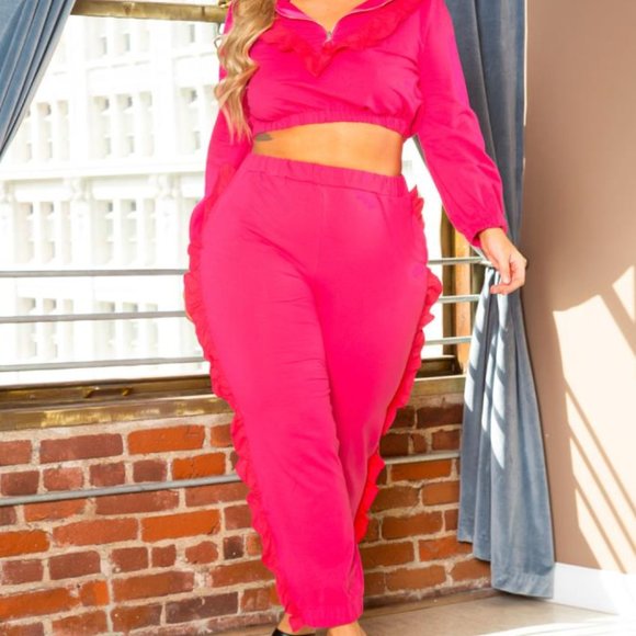 AS. Hot Pink 2 PC Ruffle Sweat Jogger Set - Picture 2 of 2